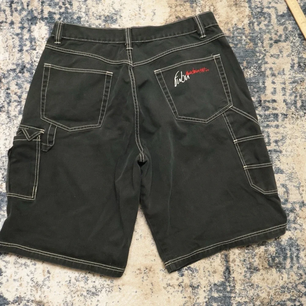 Vintage FUBU Collection Baggy Black Jean Shorts Mens 38 Hip Hop JNCO Style Y2K - Picture 2 of 10